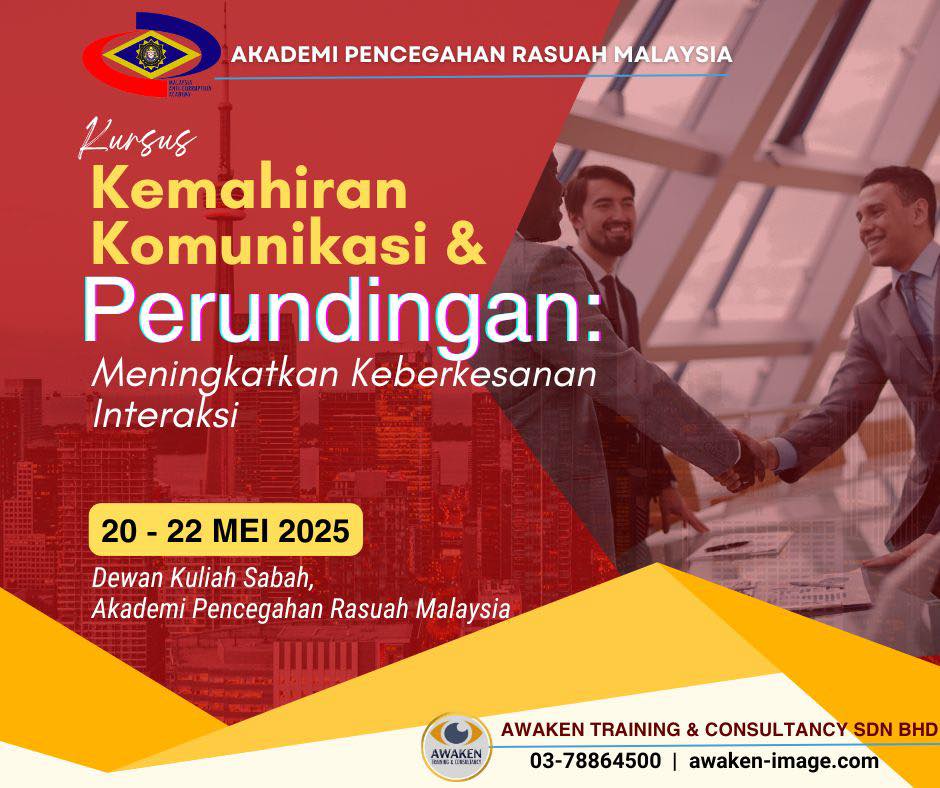 Kursus Kemahiran Komunikasi dan Perundingan: Meningkatkan Keberkesanan Interaksi anjuran Akademi Pencegahan Rasuah Malaysia pada 20 hingga 23 Mei 2025. Kursus Kemahiran Komunikasi dan Perundingan: Meningkatkan Keberkesanan Interaksi anjuran Akademi Pencegahan Rasuah Malaysia pada 20 hingga 23 Mei 2025.